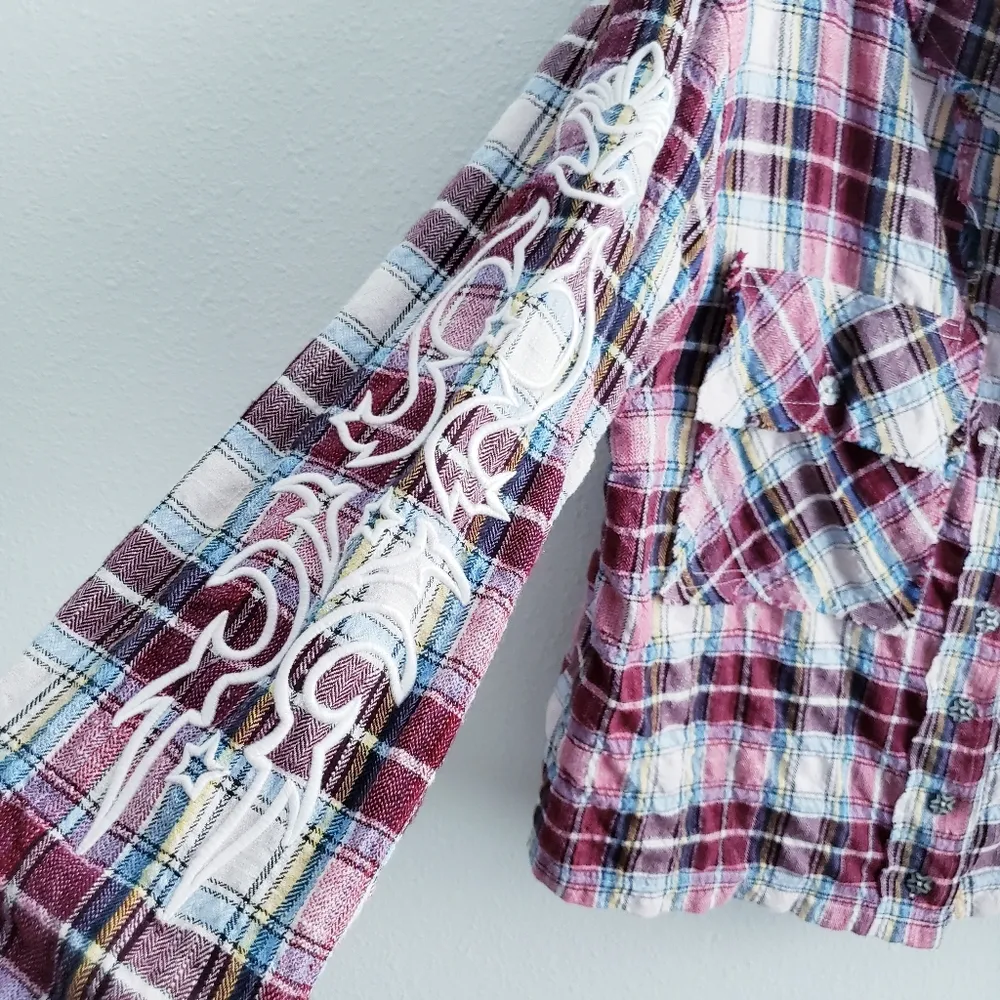 POL Plaid Button Down Embroidered Long Sleeve Top - Image 7