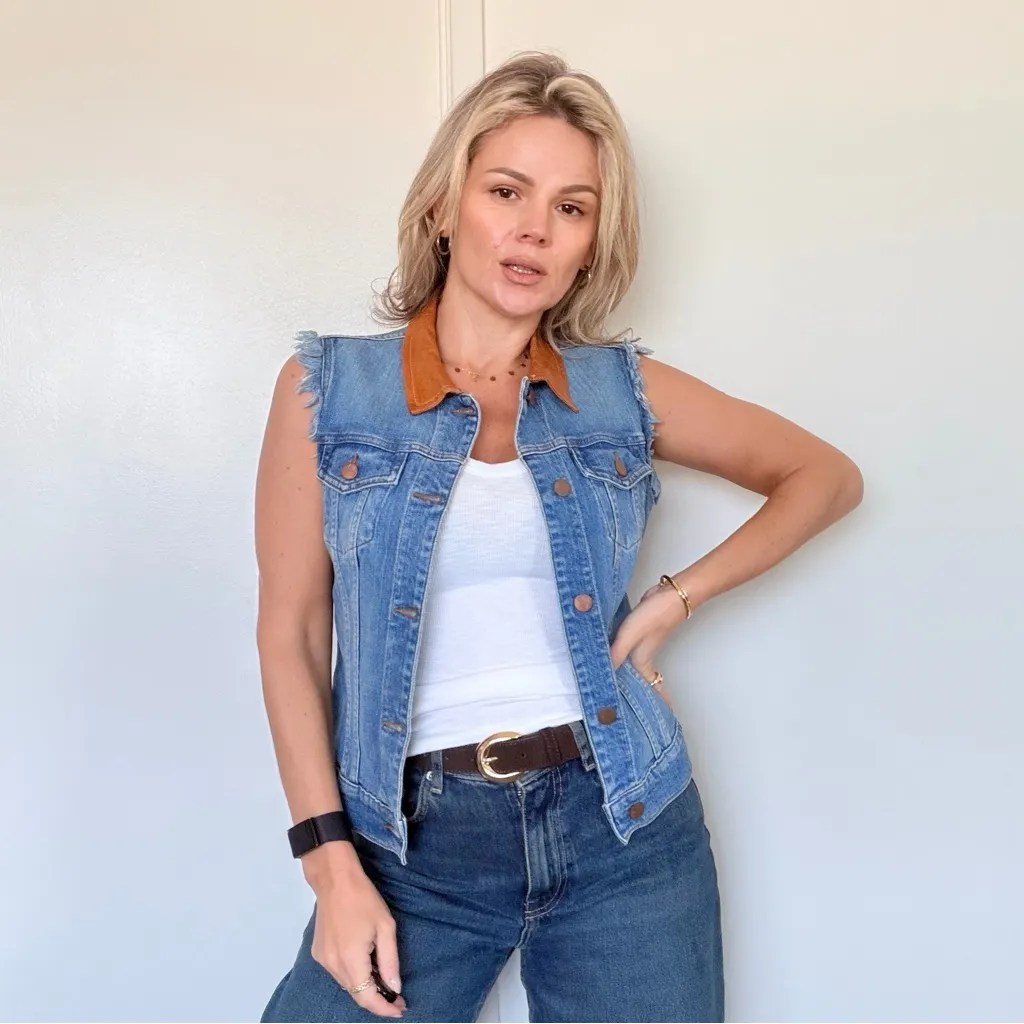 J Brand Denim Vest with Leather Collar - Image 2