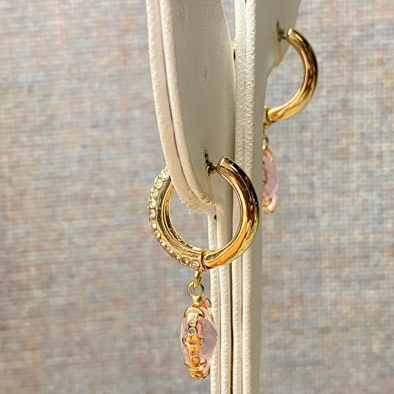 Gold Tone Pink Crystal Heart Dangle Hoop Earrings with Rhinestone Accents - Image 2