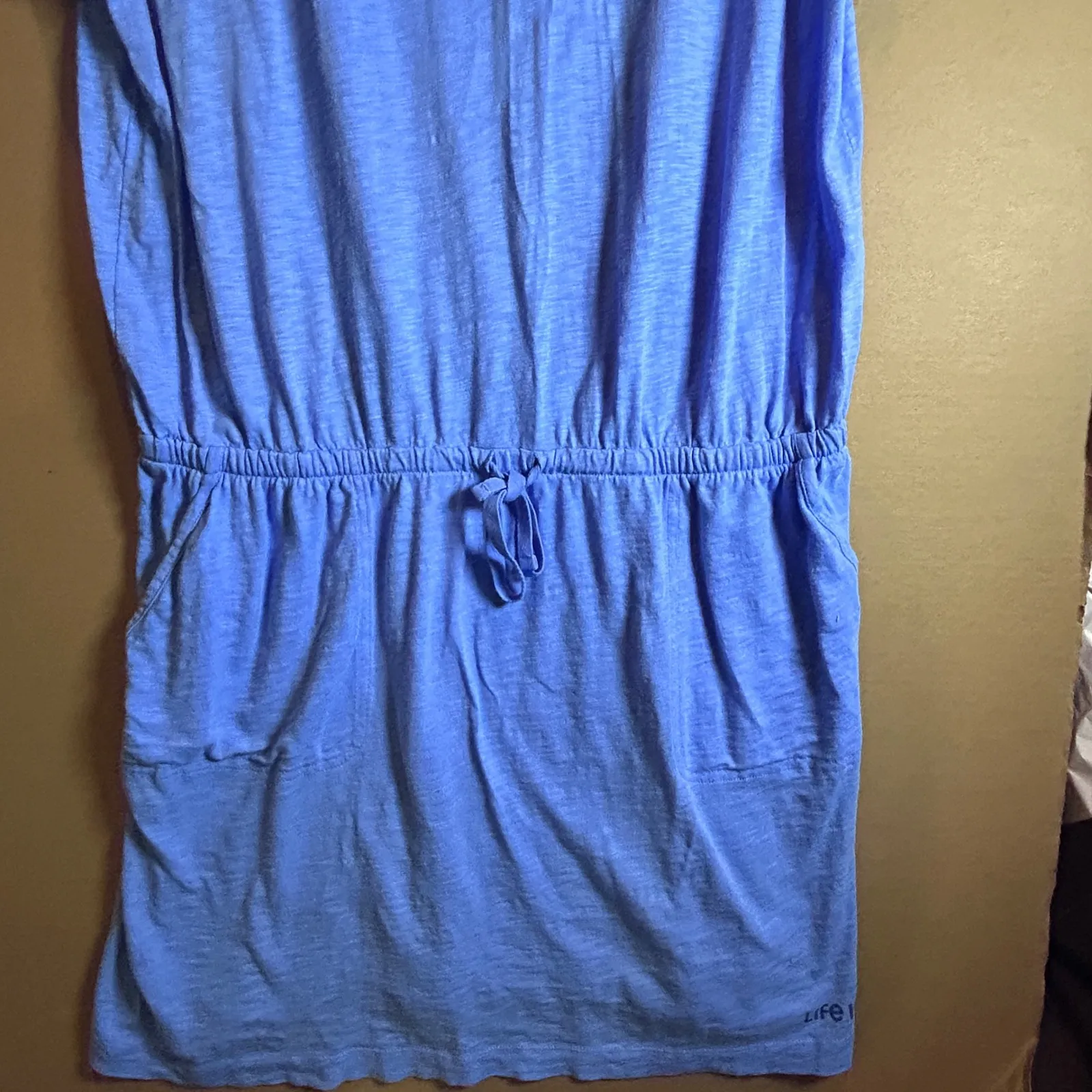 Life is Good Blue Drawstring Waist T Shirt Dress Pockets Casual Comfort Size L - Image 4