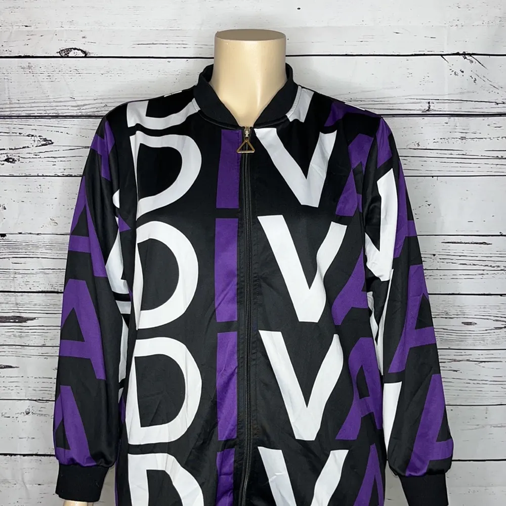 Ashley Stewart Sport 22/24 Black Purple & White Diva Novelty Print Bomber Jacket - Image 2