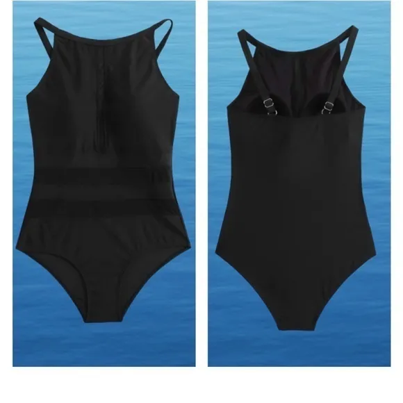 Black 1 Piece Modest Swimsuit Adjustable Straps Padded Top Sheer Strips NWOT XL - Image 2