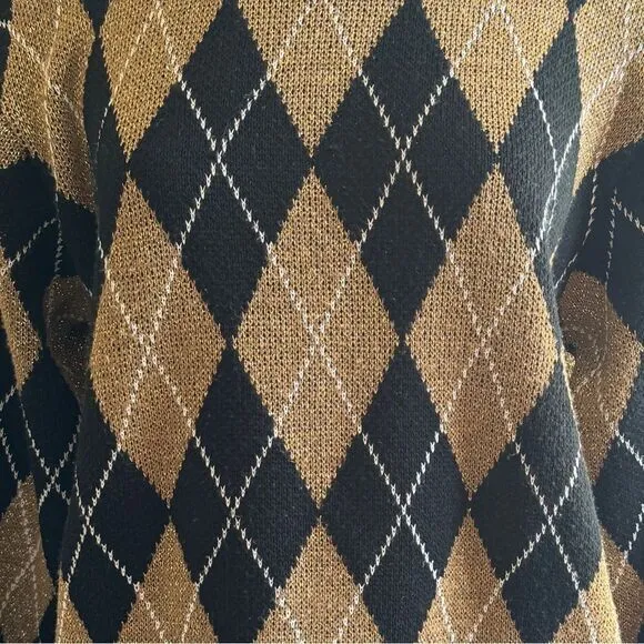 Vintage Argyle Knit Sweater Medium Preppy Classic Academia‎ Black - Image 3