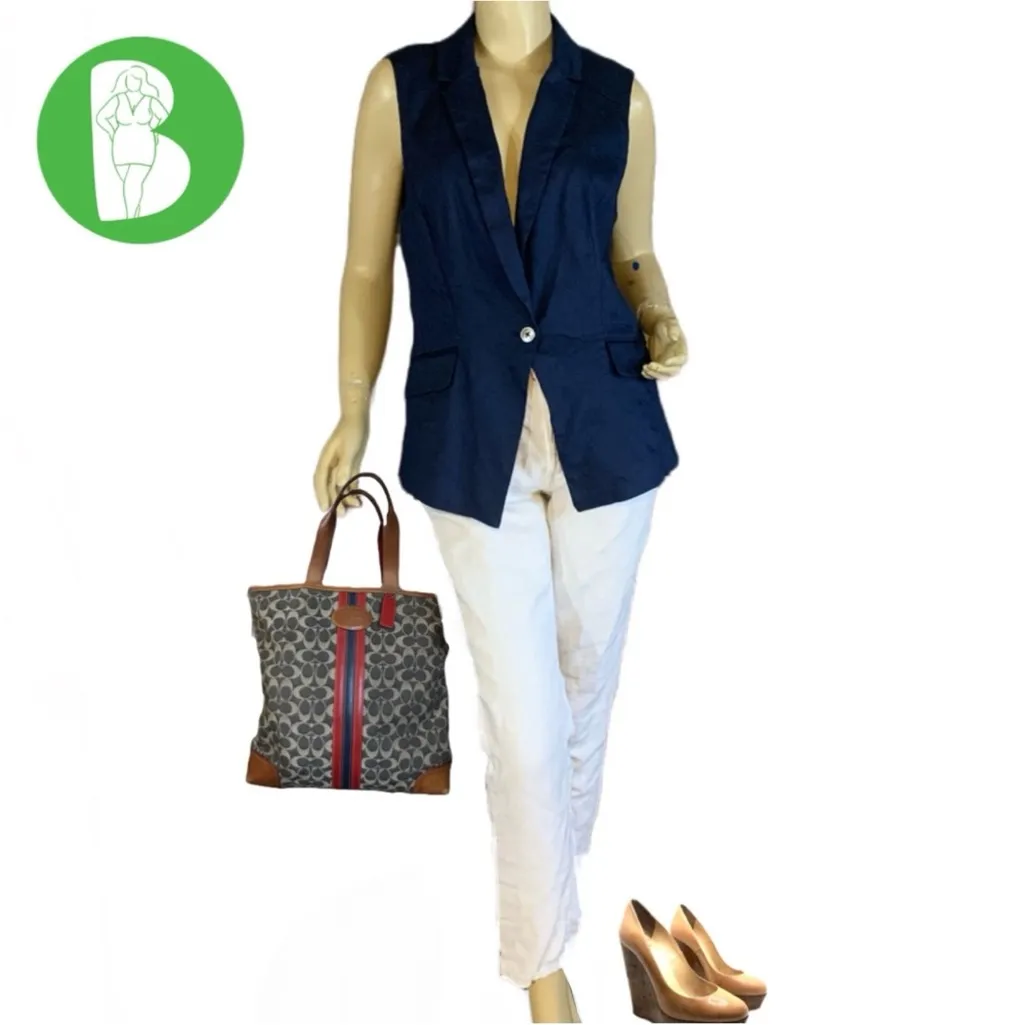 WHITE HOUSE BLACK MARKET NAVY BLUE LINEN BLEND VEST (10) - Image 2