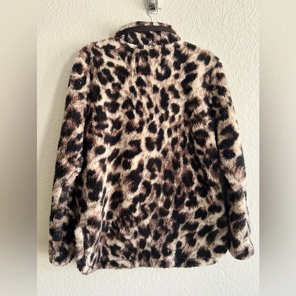 Leopard Cozy Sherpa Quarter Zip Pullover Fuzzy Soft Faux Fur Jacket Womens Large - Image 2