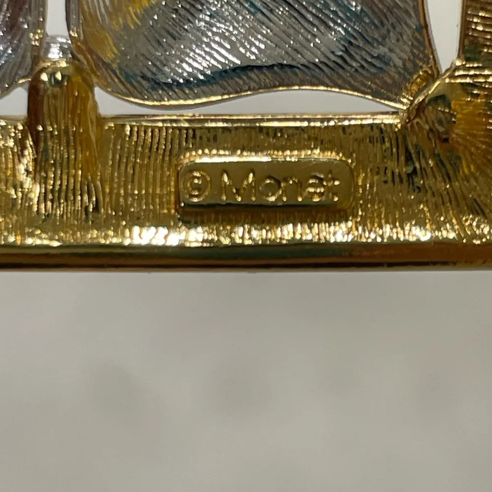 Vintage Monet Two Tone Brooch Floral Relief Pin Gold Silver Tones Mature - Image 3