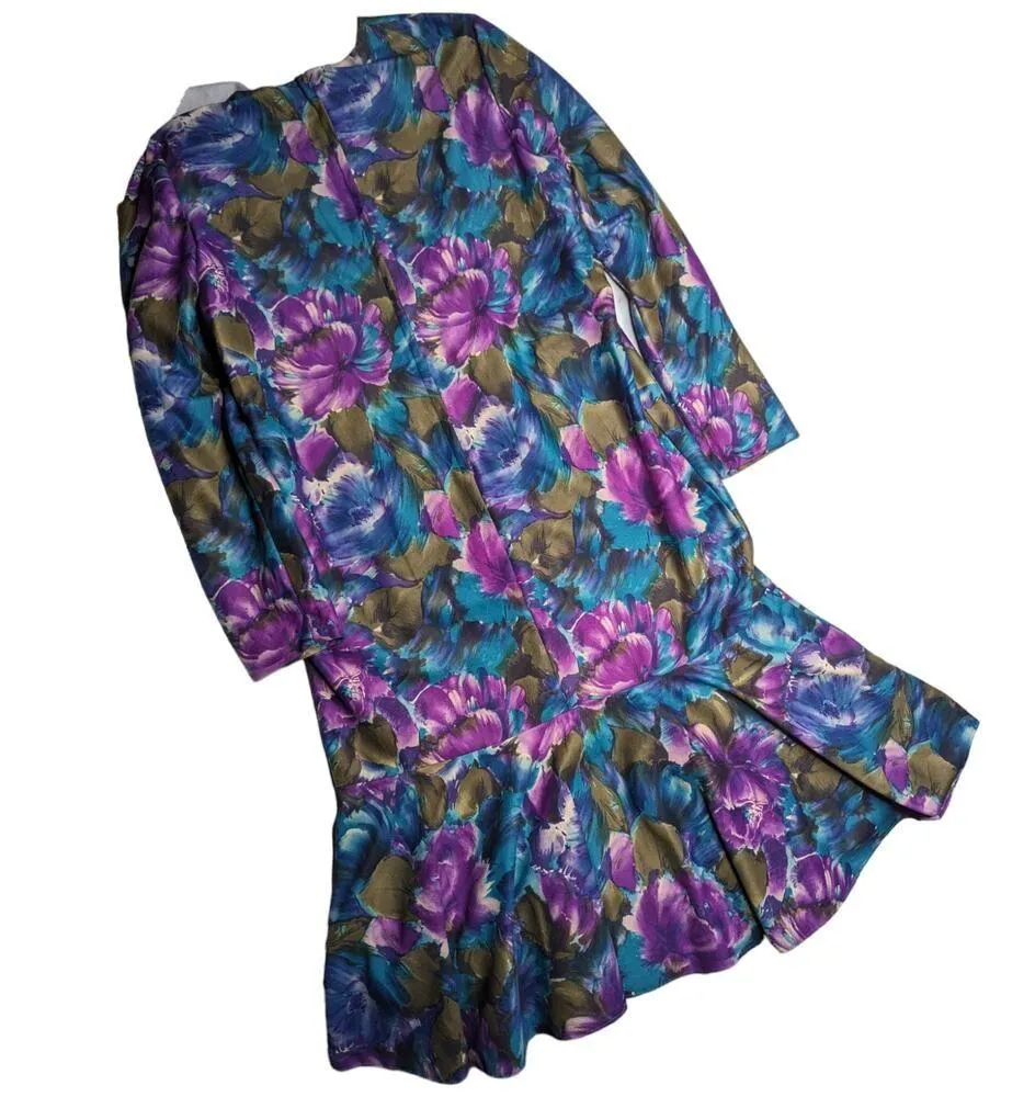 Vtg 1980s Green Purple Floral Felt Drop Waist Ruffle Long Sleeve Midi Dress 10 - Image 2