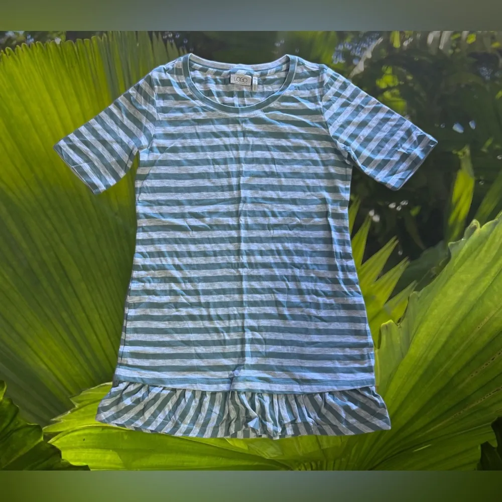 LOGO By Lori Goldstein Stripe Knit Shift Dress Flounce Hem Green XXS - Image 2