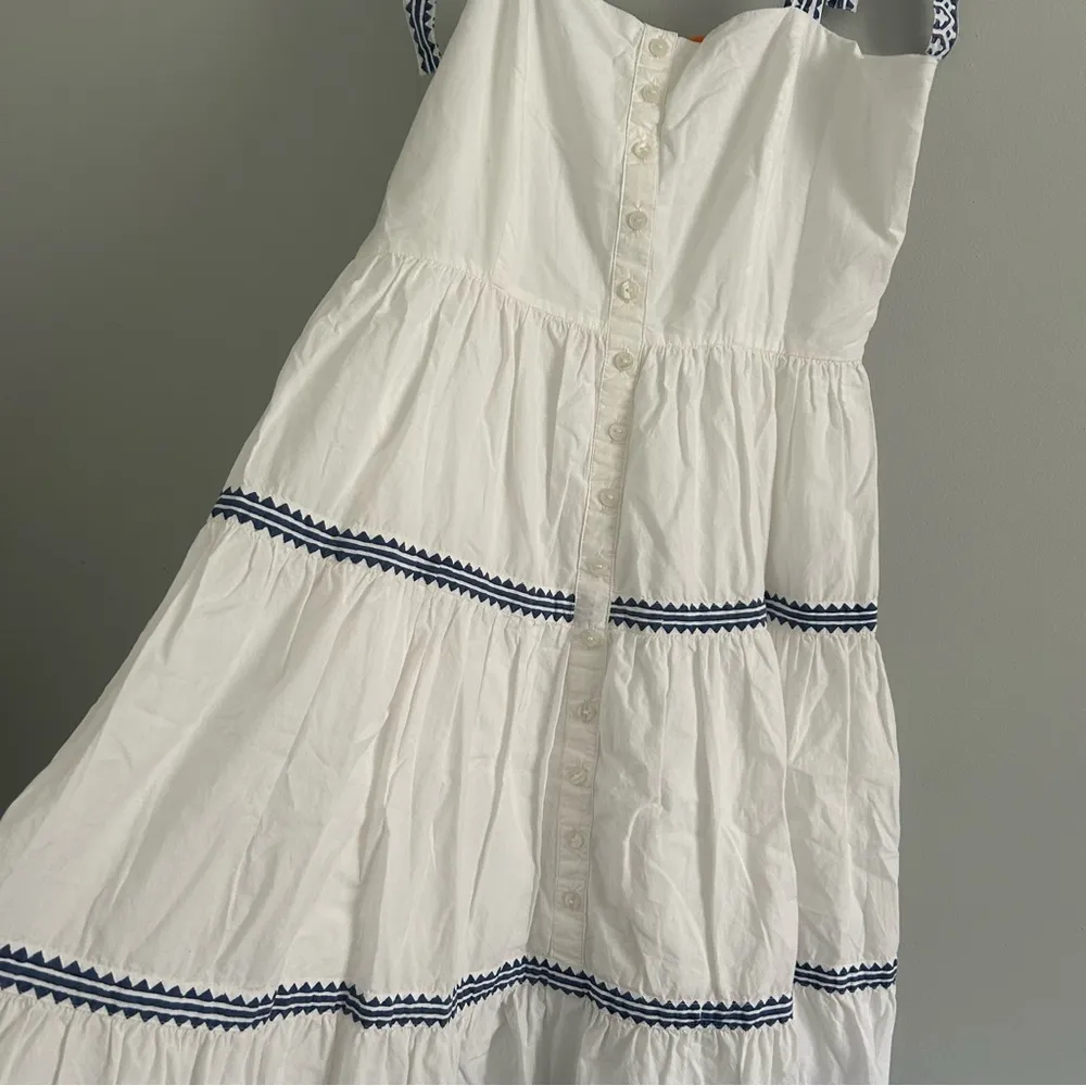Oliphant Midi Tiered Button Dress with Bow Sleeves Blue and White Pattern - Image 5