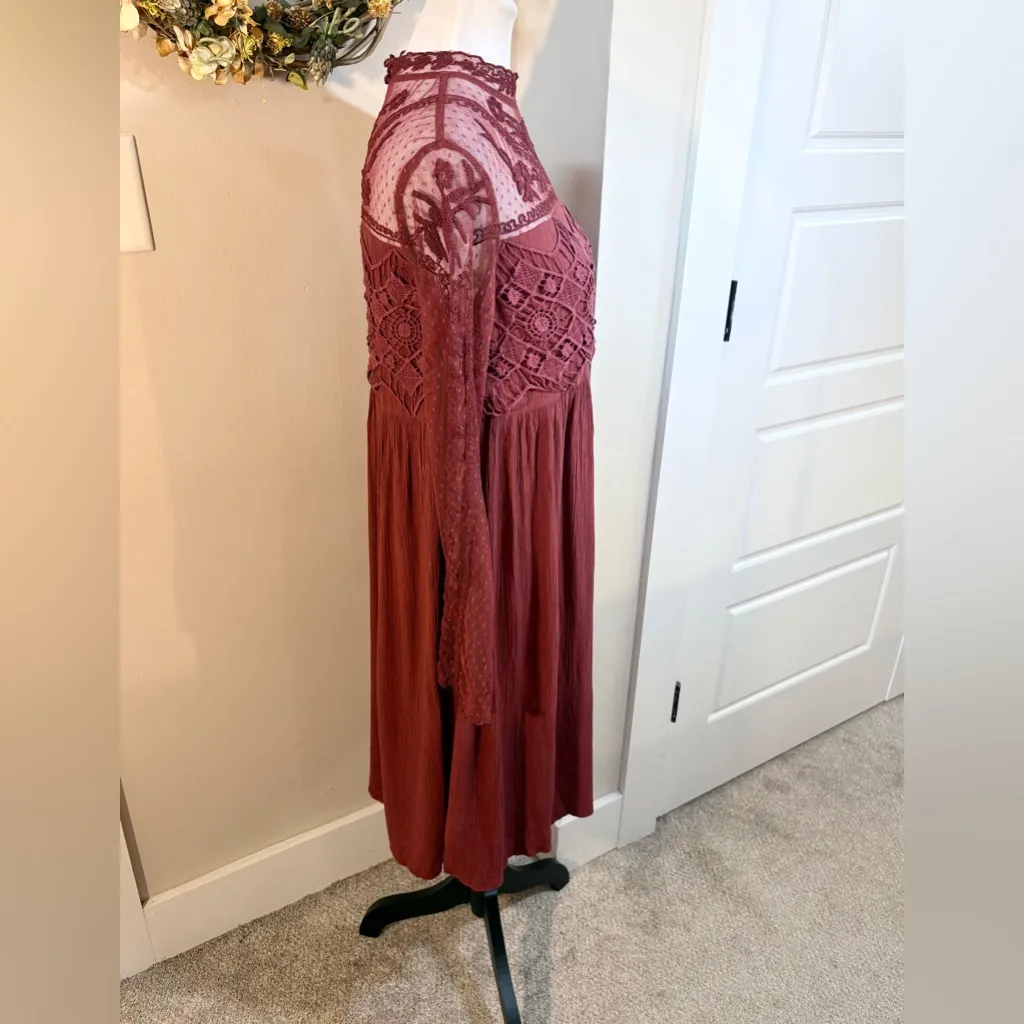 Sundance Burgundy High Neck Lace Yoke Boho Dress Long Sleeve Sz 8 🧡 Red - Image 5