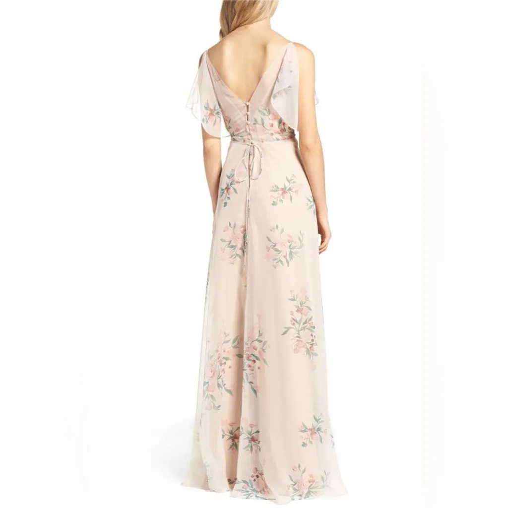 Jenny Yoo Cassie Flutter Sleeve Surplice Gown Floral Blush - Size 2 - Image 2
