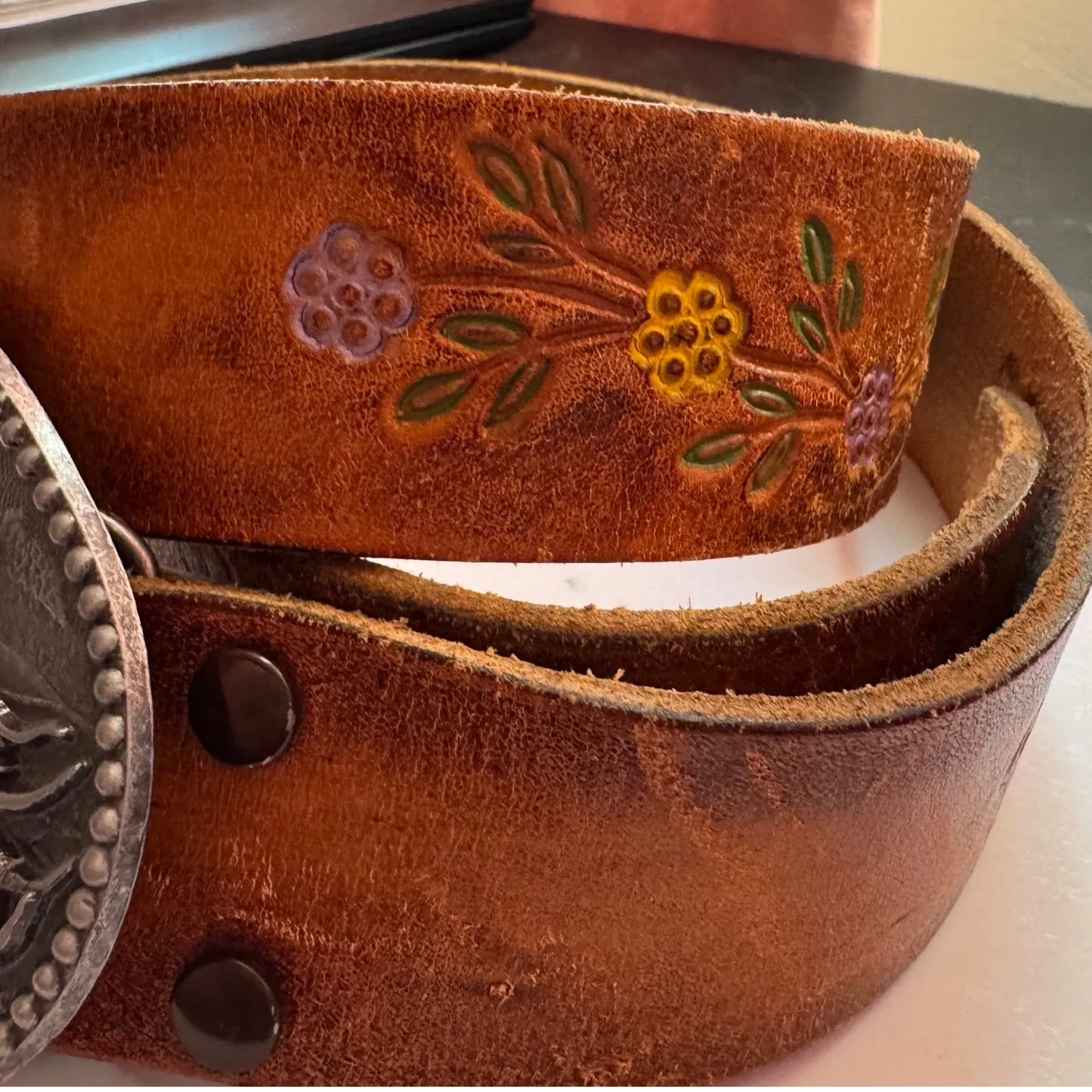 70s Vtg sz 34 Painted Mushroom Butterfly Floral Tooled Leather Belt W/Zee Buckle Brown - Image 6