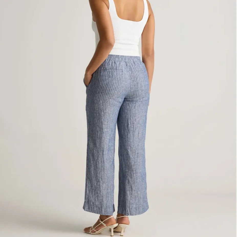 Quince European linen wide leg cropped pants chambray stripe L - Image 8