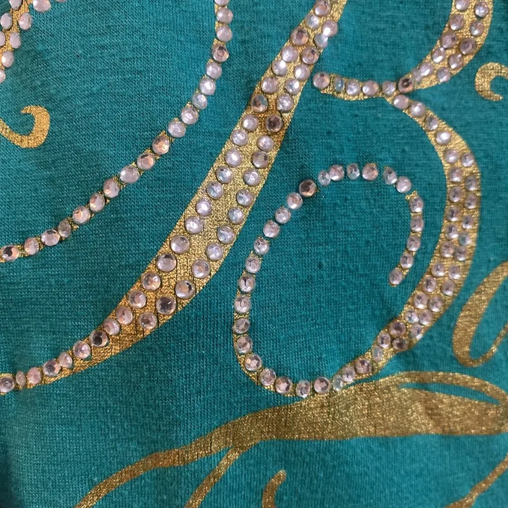 Vintage Y2K Baby Phat Cat Logo Med Rhinestone Green Gold Blouse Old Money Lucky - Image 7