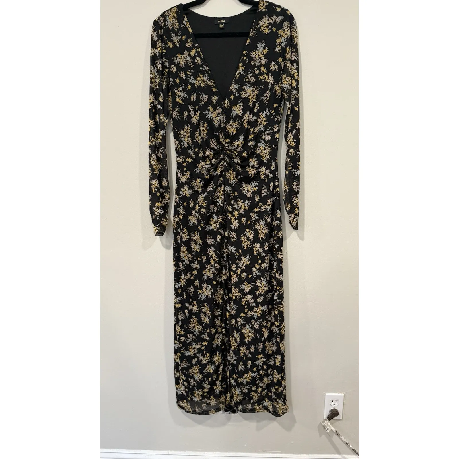 AFRM Tezza Black & Yellow Floral Ruched Mesh Midi Long Sleeves Dress Large 2475 - Image 2
