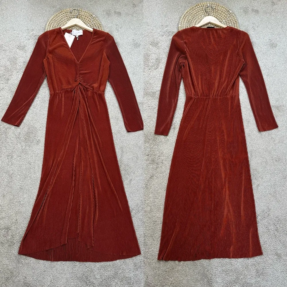 NWT Charles Henrey Women’s Gathered Long Sleeve A-Line Dress V-Neck Orange L - Image 4