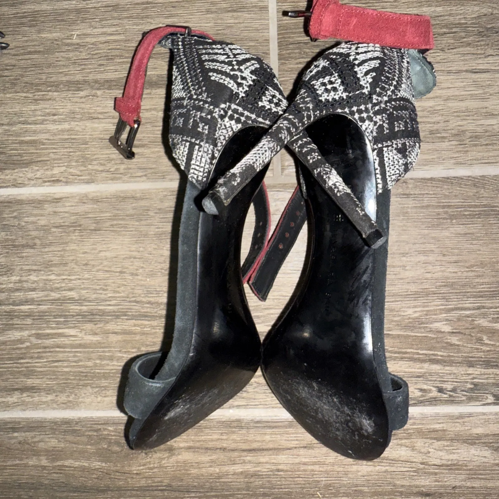 Barbara Bui black suede heels Black White‎ patterned Back Red ankle strap 38.5 Size 8.5 - Image 6