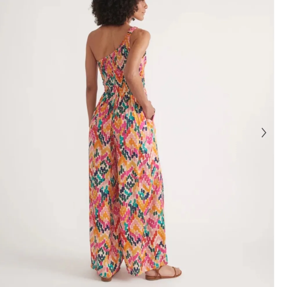 Marine Layer Archive Tessa Smocked One Shoulder Jumpsuit Wide Leg Colorful L - Image 11