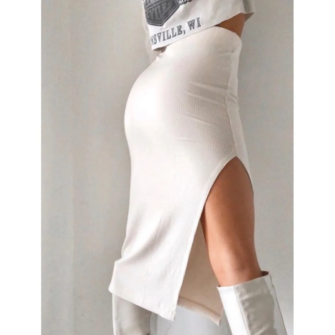 STILLWATER The Rib Edit Knit Midi Skirt High Slit White Pencil Quite Luxury SM - Image 3