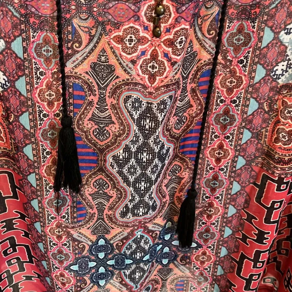 V Christina paisley sheer beaded,lace,tassels Boho tunic 22x 31 Size L - Image 5