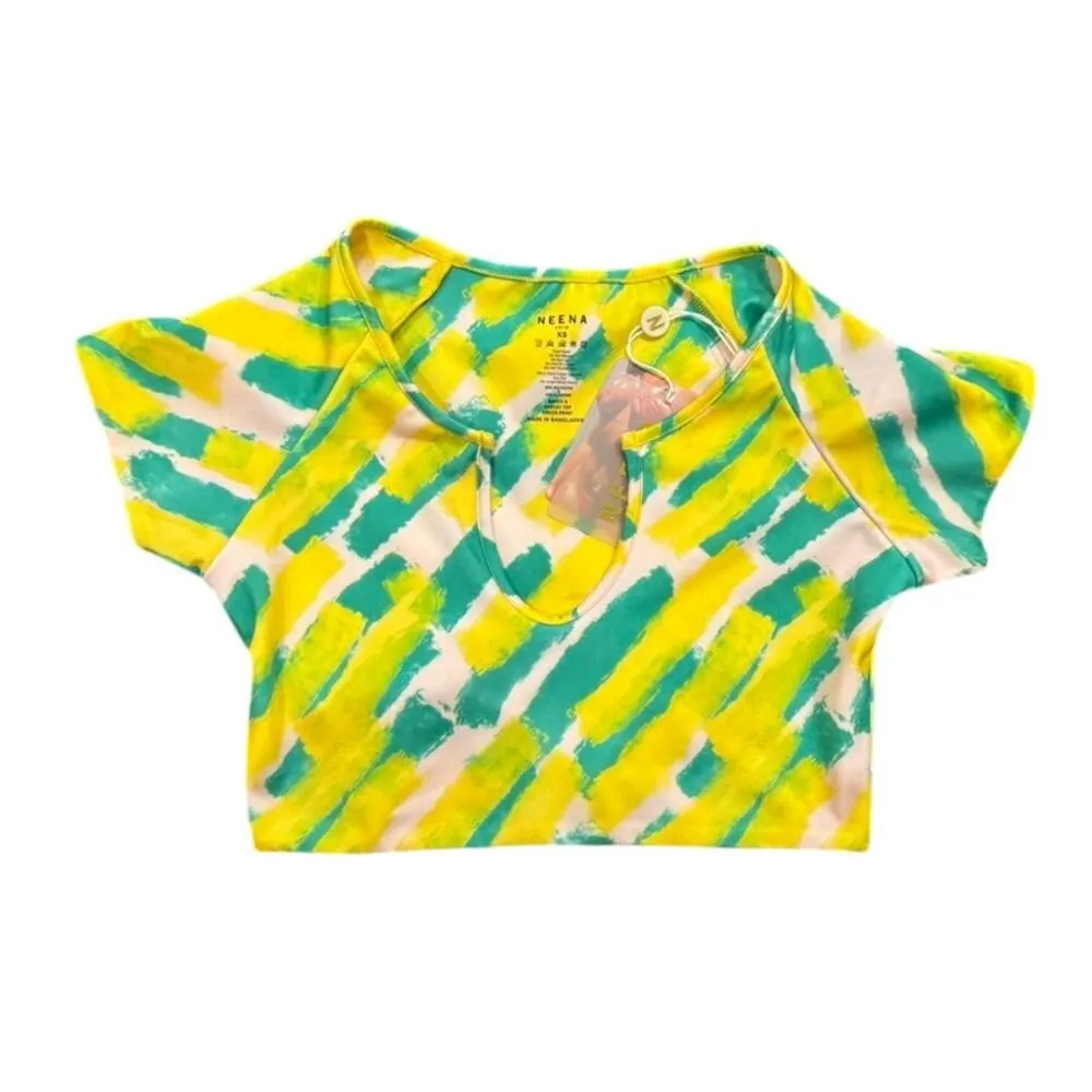 Neena Swim Cap Sleeves Swim Top in Green Print, Size XS​​ - Image 3