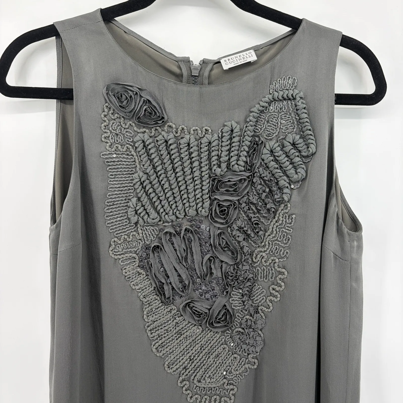 Brunello Cucinelli Gray Silk Embellished Sleeveless Slip Dress Italian‎ Luxury L - Image 3