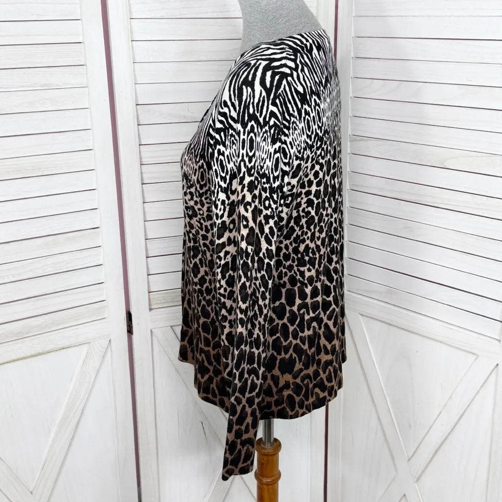 Charter Club Multi Animal Print Button Up Cardigan Sweater Tan Black Medium - Image 2