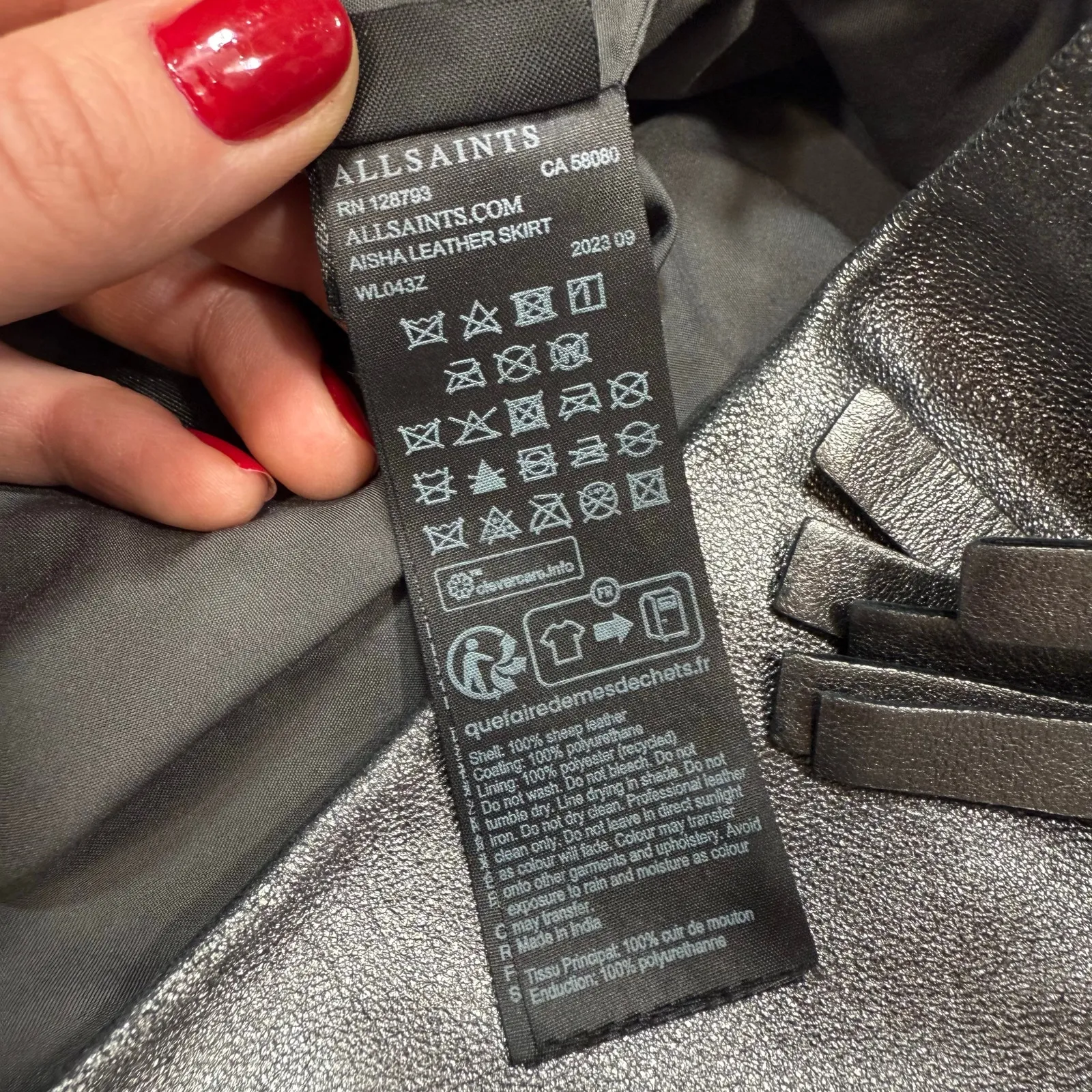 AllSaints Aisha Leather Fringe metallic mini Skirt Size 4 Silver - Image 7