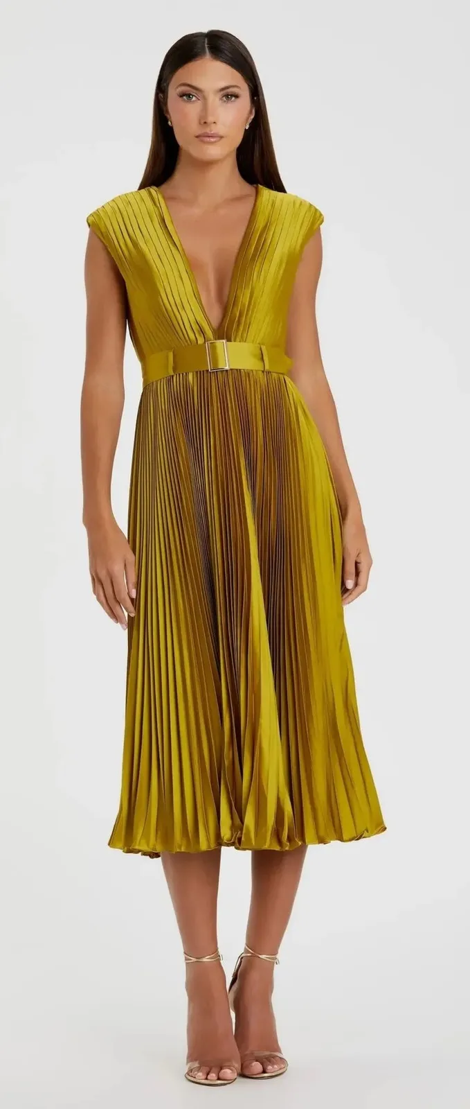 Mac Duggal Pleated Midi Dress Chartreuse Belted V Neck Size 6 NWT - Image 1