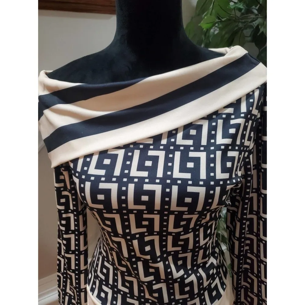 Chicme Beige Black Turn Down Collar Long Sleeve Casual Knee Length Dress Size M Size M - Image 2