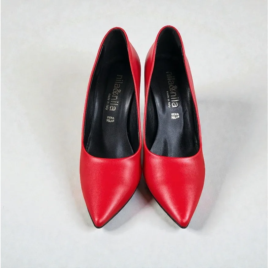 NILA & NILA Leather Stilettos Flared Heel Pumps Sz 38 Red Elegant Made In Italy - Image 2