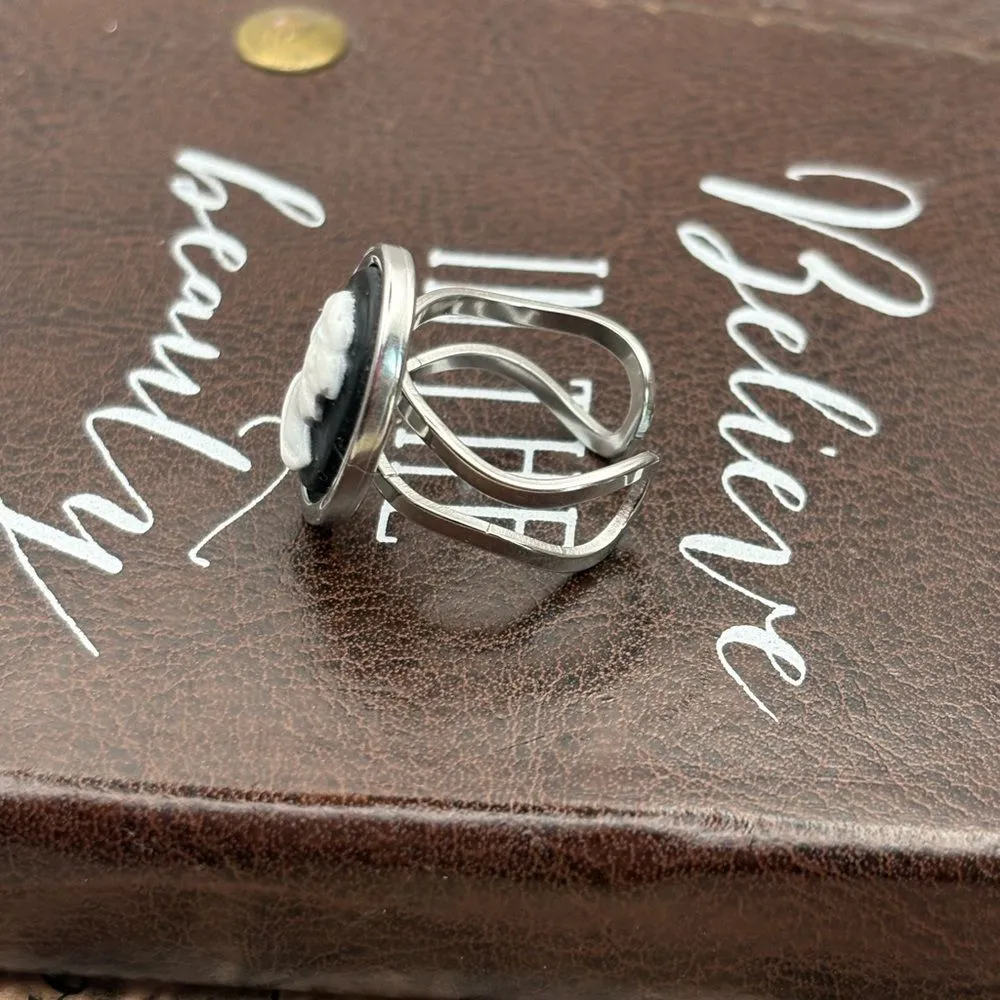Handmade Black White Cameo Ring Victorian Stainless Steel Adjustable - Image 3