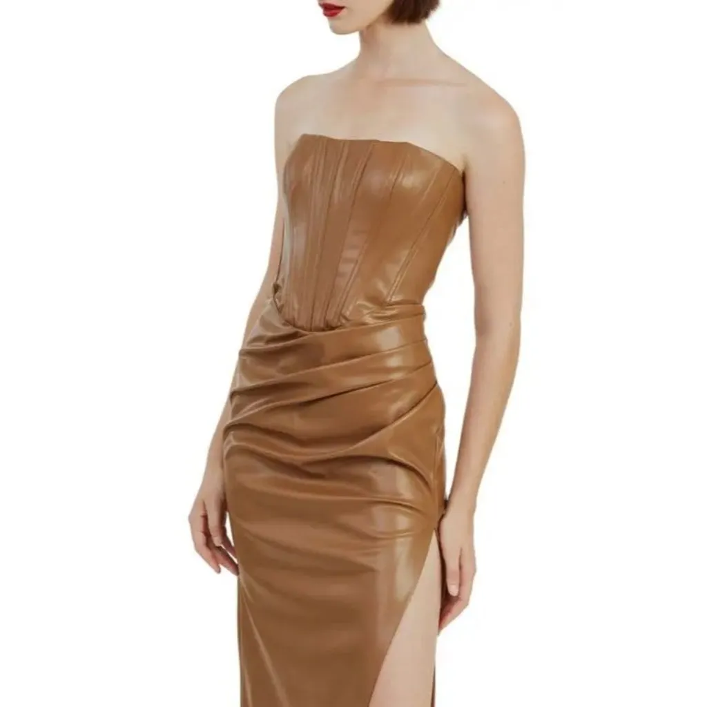 Bardot Everlasting Faux Leather Dress in Camel 2 New Womens Vegan Strapless Midi - Image 12