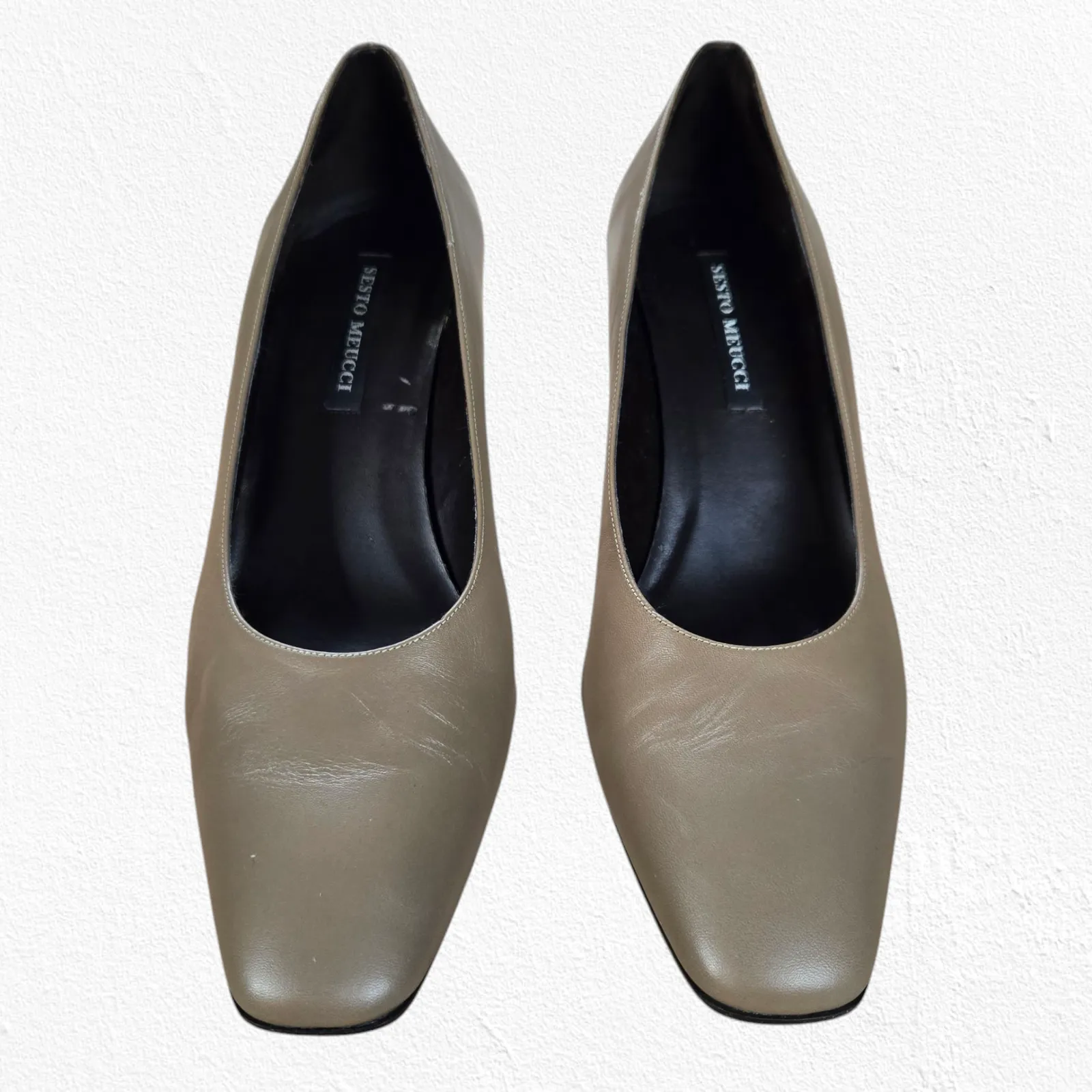 Vintage 80s Sesto Meucci Tan Taupe Square Toe Block Heel Leather Pumps Size 9.5 - Image 2