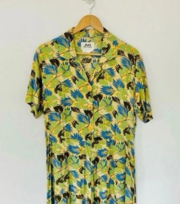 Green Tropical Palm Print Full Length Dress Button Up Pockets Collar Rayon - Image 2