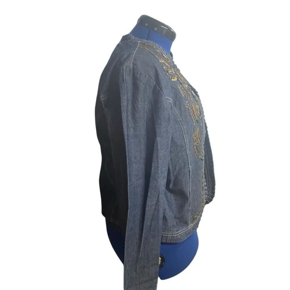 HANNAH Embellished Beaded Denim Jacket Ruffle Trim Size Medium Blue SEE DESCRIPT - Image 2