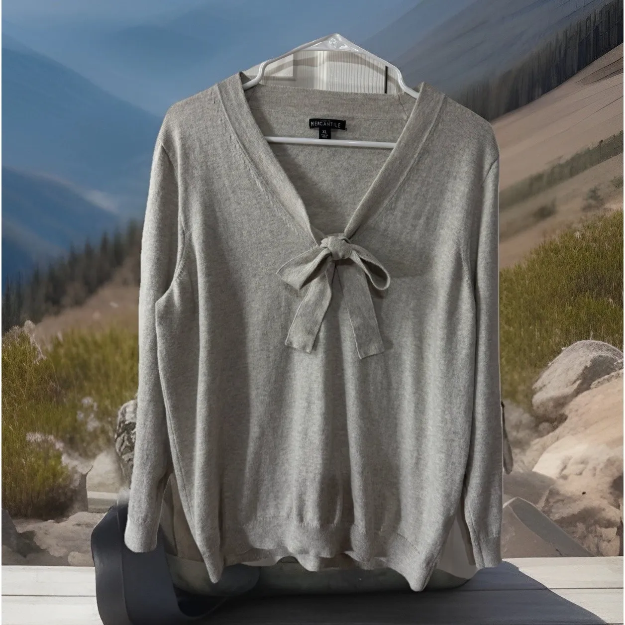 Shabby Chic JCrew Mercantile Women XL Grey Heather Long Sleeve sweater w bow y2k Gray - Image 2