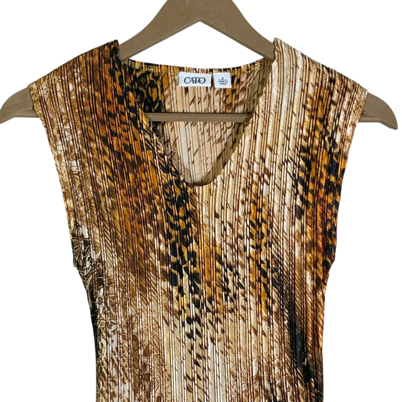 Cato Womens Pleated Animal Print Sleeveless Top Size S Brown Y2K Boho Stretch - Image 2