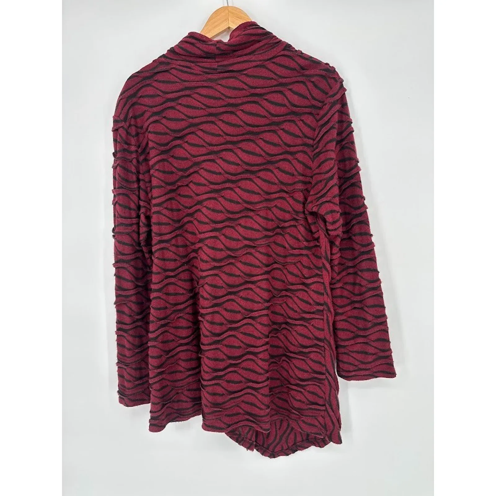 Chalet XL Tunic Top Cowl Neck Asymmetric Red Black Wavy Striped Lagenlook Artsy - Image 4