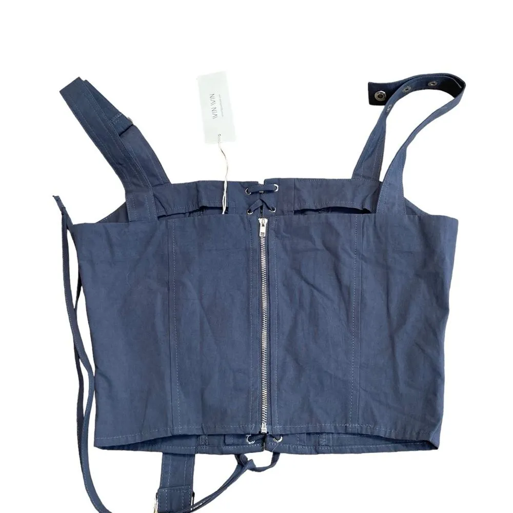 Win Win Women’s M Lace Up Corset Crop Top Bikercore Grunge Buckle Slate Gray New - Image 3