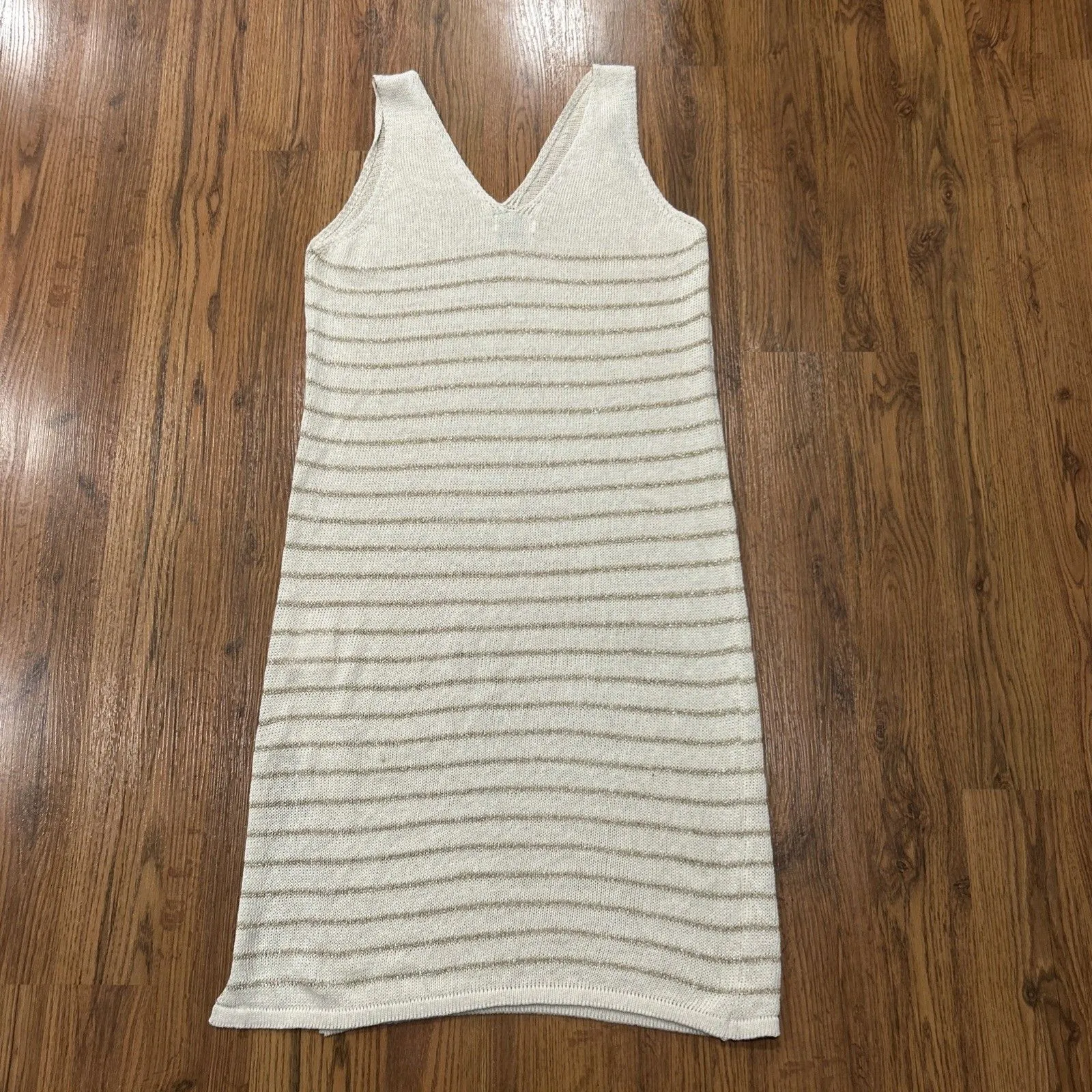 Floris Italy Dress Womens Medium Large Cream Gold Metallic Knit Cover Up Boho - Image 7