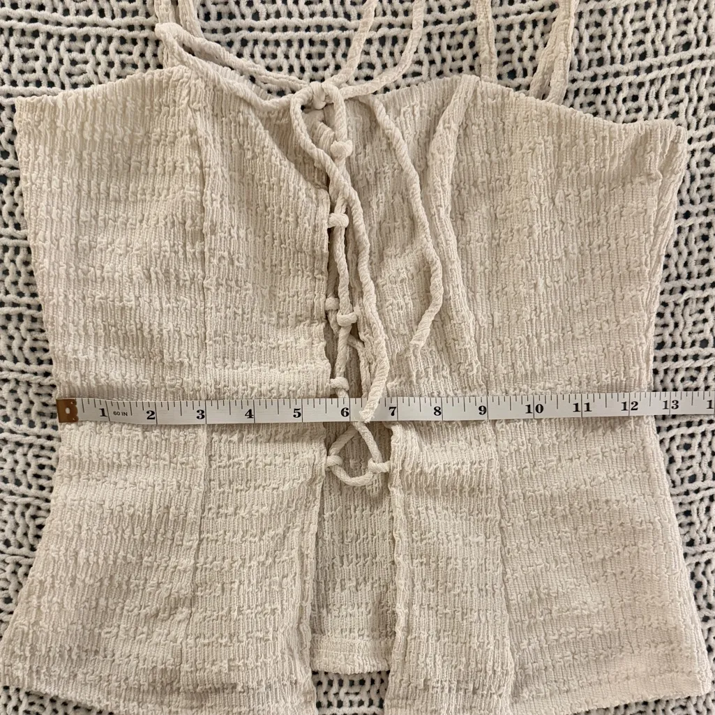 Windsor White Cream Ivory Boho Coquette Lace Up Crinkle Knit Top Size Small - Image 6