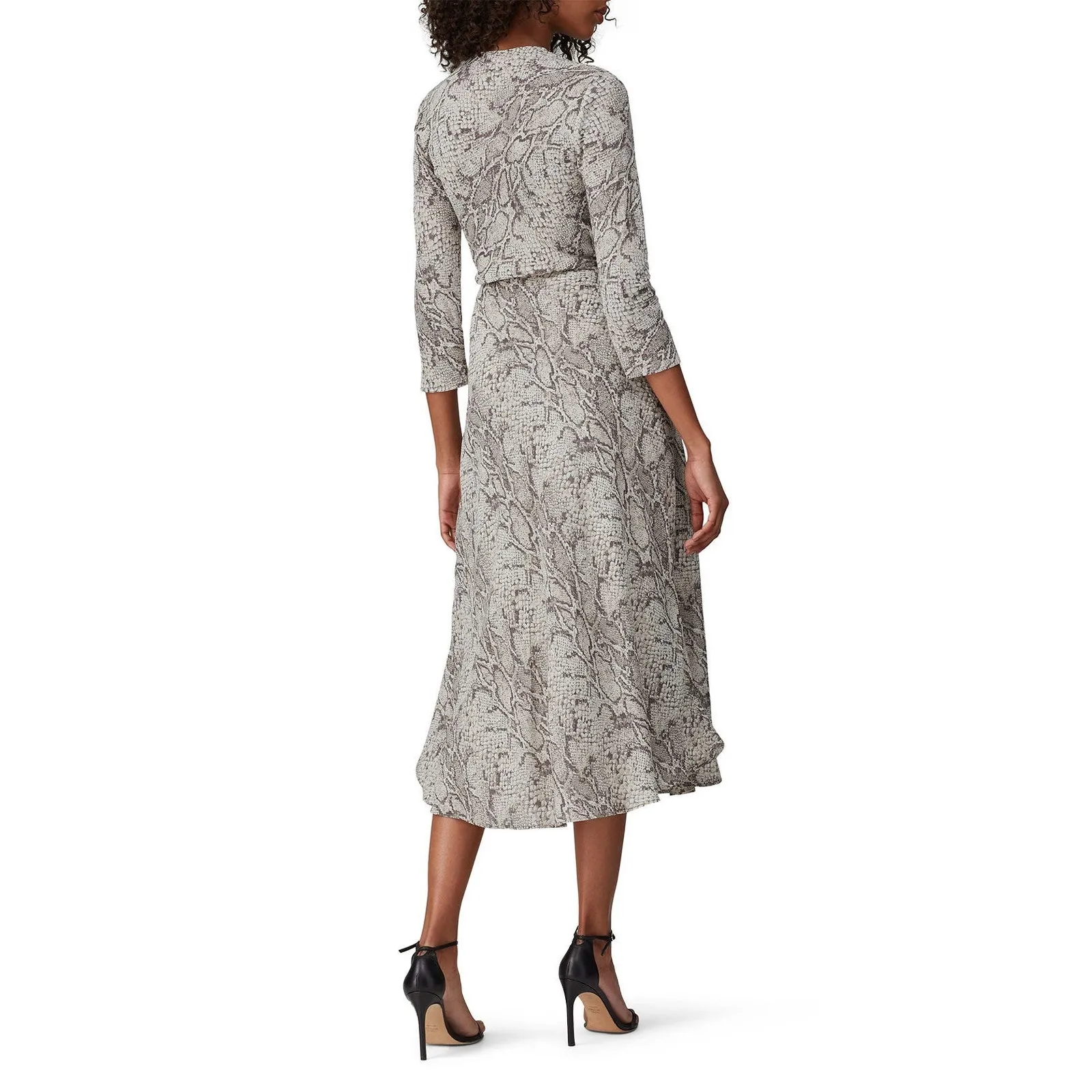 REFORMATION Grey Beige Animal Print Jaz Crepe Midi Wrap Python Snake Dress sz XS - Image 14