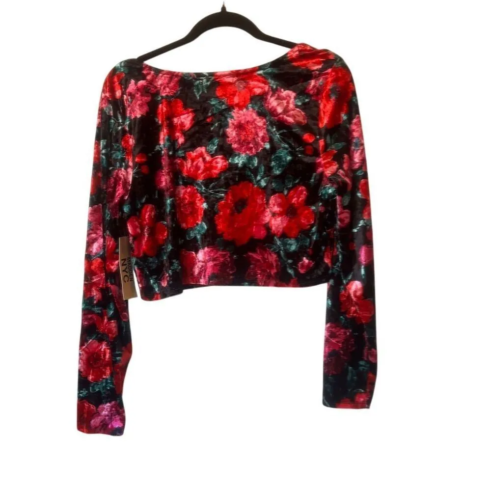 Madden NYC Junior's 2XL Velvet Cropped Top Floral Rhinestone Heart Red Size XXL - Image 6