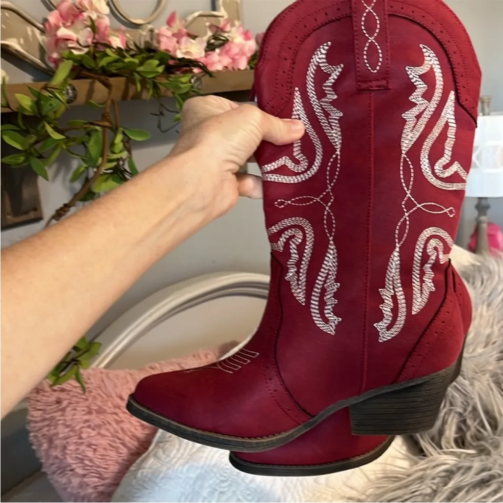 Red Cowgirl Boots Mid Calf Embroidered Western Cowboy Womens 6.5 New in Box - Image 5