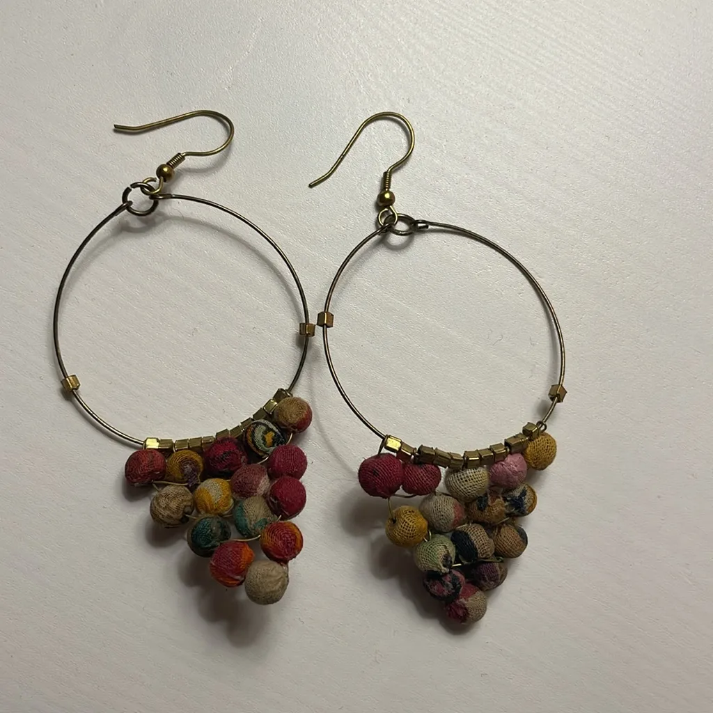 Fabric Beaded and Brass Boho Bohemian Dangle Earrings - Image 3
