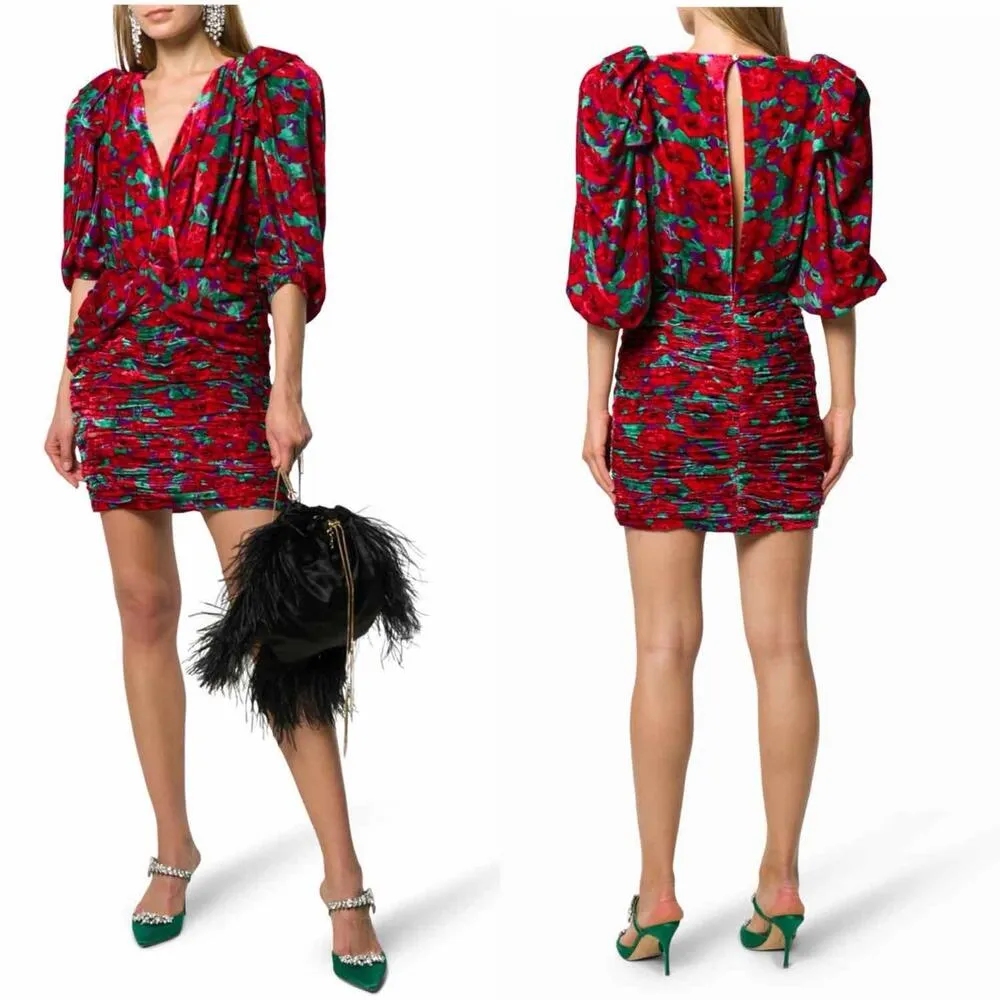 MAGDA BUTRYM Mundo Ruched Floral Velvet Mini Dress Red Multi Size US 6 - Image 9