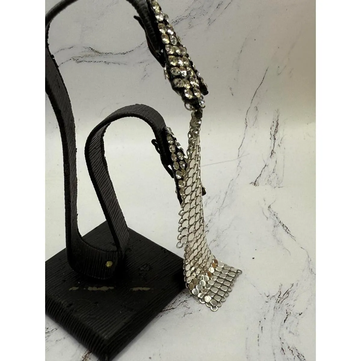 Disco Diva Vintage R. Serbin Runway Rhinestone Mesh Earrings Silver - Image 4