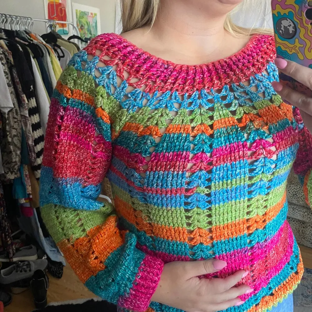 Rainbow Stripe Crochet Knit Long Sleeve Pullover Sweater Size M - Image 52
