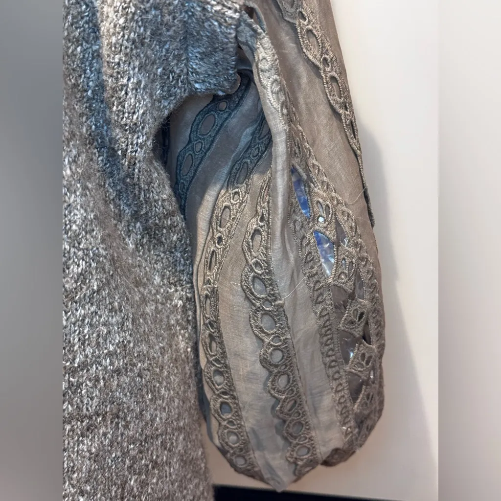 Gimmicks by BKE Tan sweater with ornate, semi-sheer lace balloon sleeves. - Image 2